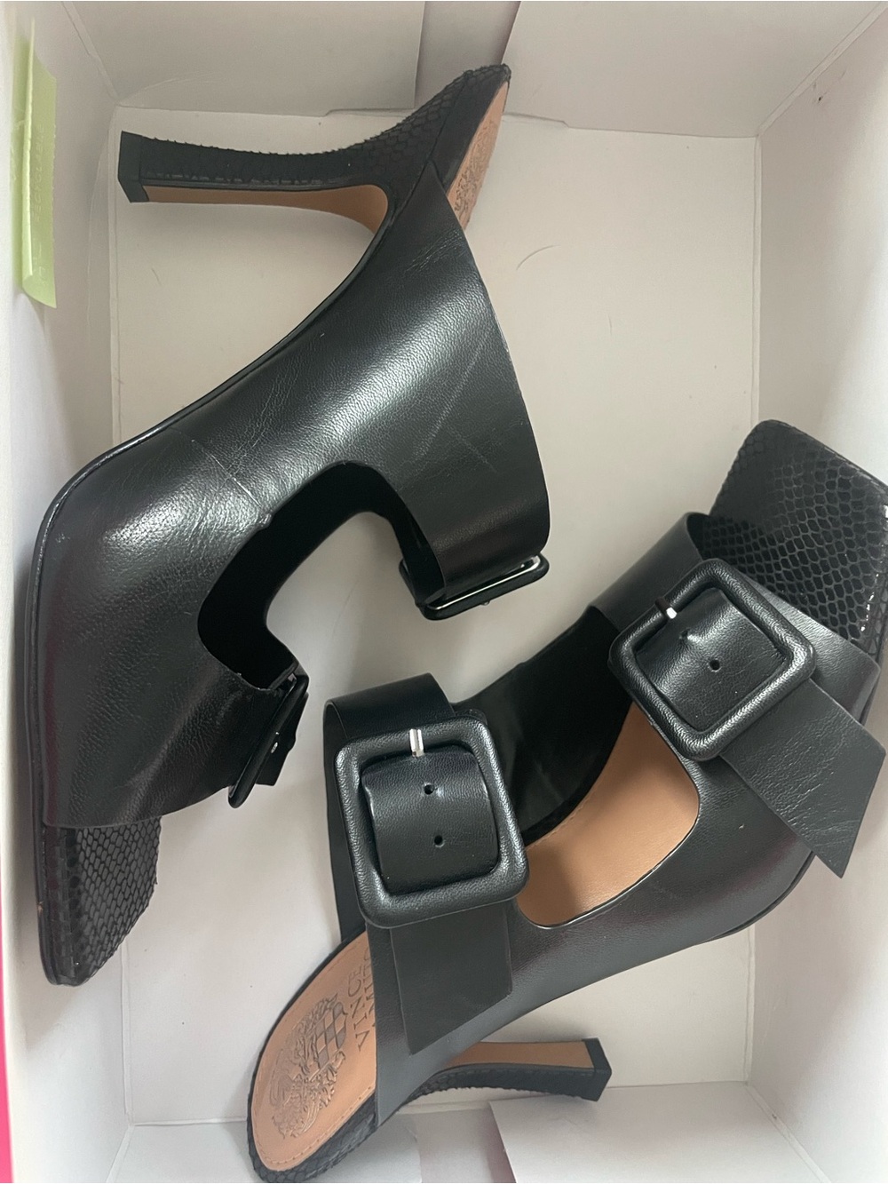 Vince Camuto Black Buckle Mid-Heel Mules